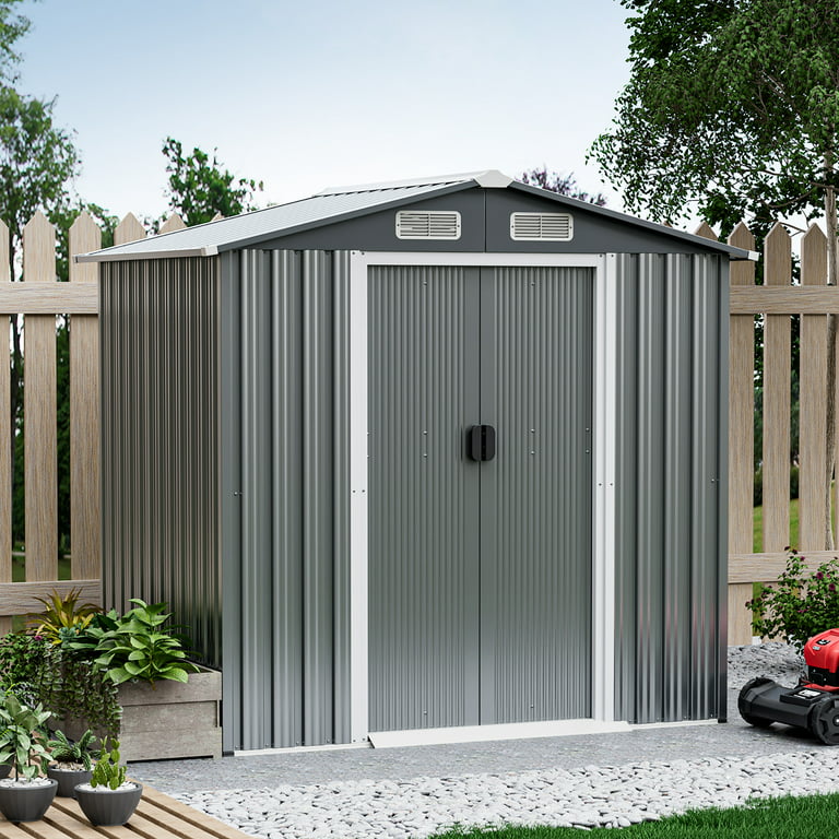 Sandinrayli 4' x 6' Garden Tool Storage Utility Shed Outdoor House Galvanized Steel w/Sliding Door