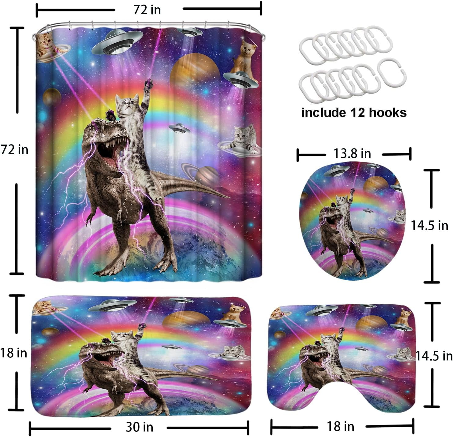 4 Pcs Kids Boys Shower Curtain Sets with Non-Slip Rugs, Cartoon Planet Cute Universe Galaxy Space Moon Kid Shower Curtain Bathroom Set Baby Cosmos for Boys Girls Kids Bath Curtain 72x72In
