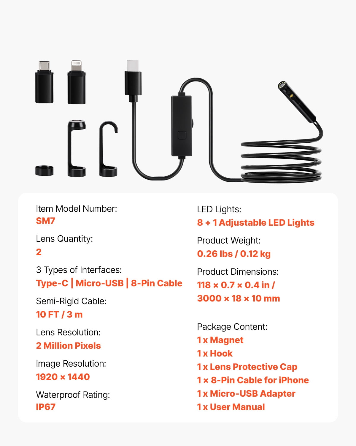 VEVOR Endoscope Camera with Light, Dual Lens Borescope for Android & IOS, 1920P HD Inspection Camera with 8 + 1 LED Lights, 2X Zoom, 10FT Snake Cable, IP67 Waterproof Snake Camera for Auto, Plumbing