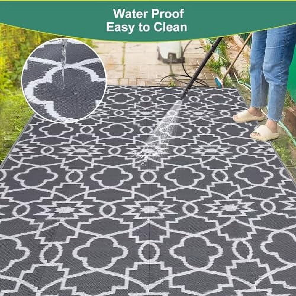 Outdoor Camping Rug for Patio 8x10/9x12/9x18 Stain-Resistant Modern Plastic Straw Rugs with Geometric Floral Pattern, UV-Resistant Reversible Mat for Picnic, RV, Porch, Deck