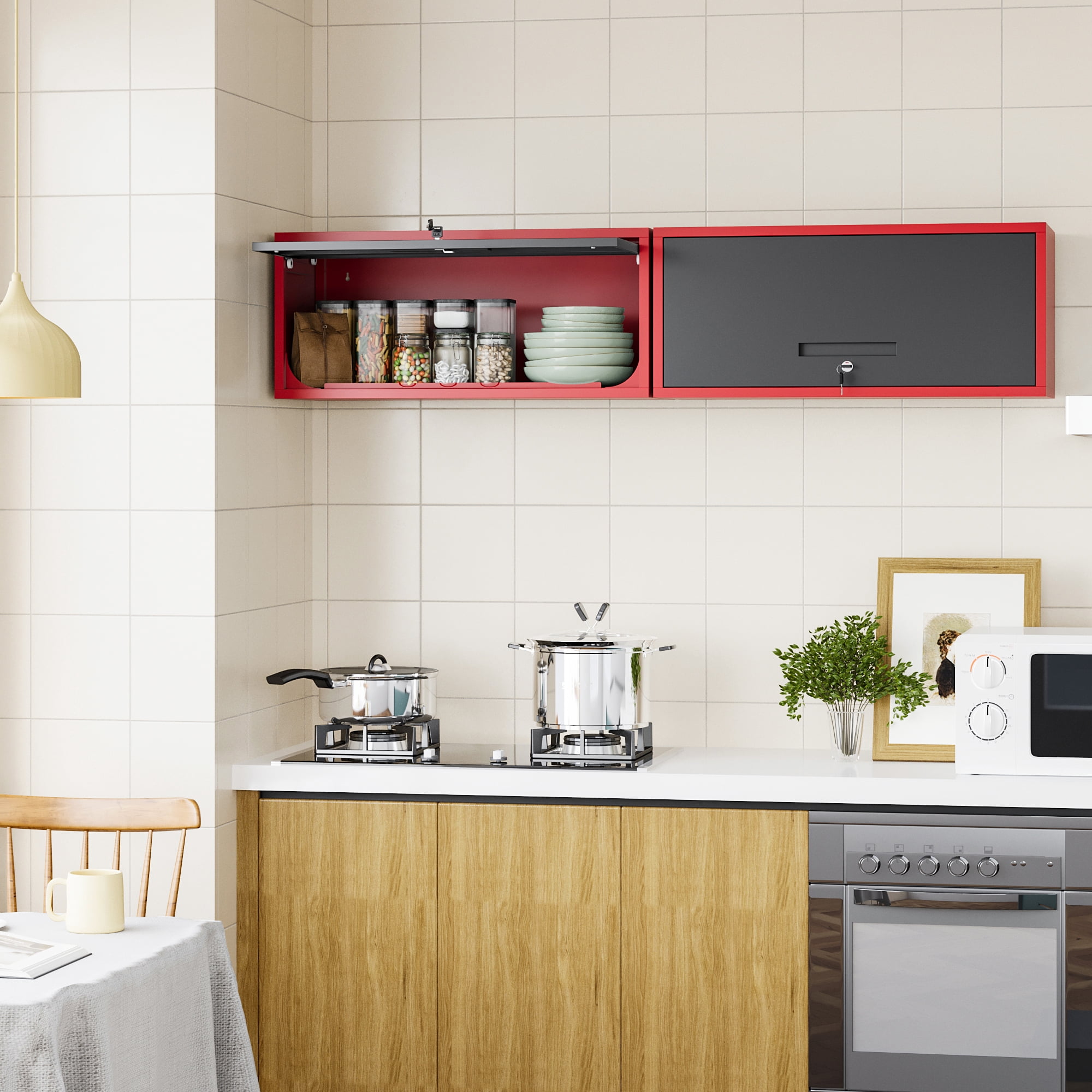 AUHUP Steel Wall Cabinet, Metal Wall Mounted Storage Cabinet Organizer for Garage, Office, Kitchen, Red Black, 32"W x 14"H x 13"D
