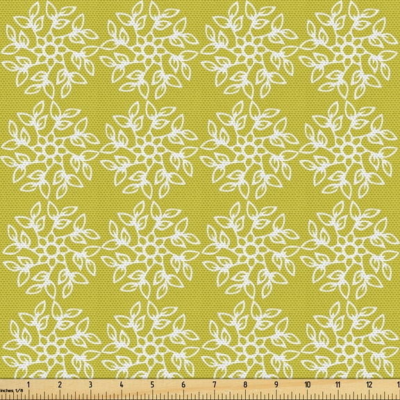 Ambesonne Retro Fabric by the Yard Upholstery, Botanical Repetitive Blossoms, 5 Yards, Pale Earth Yellow White