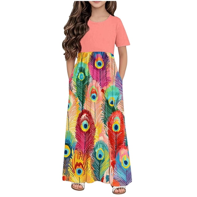 DecSea Robe Évasée Florale pour Filles Manches Courtes avec Poches, Tenue Décontractée Vacances/quotidien