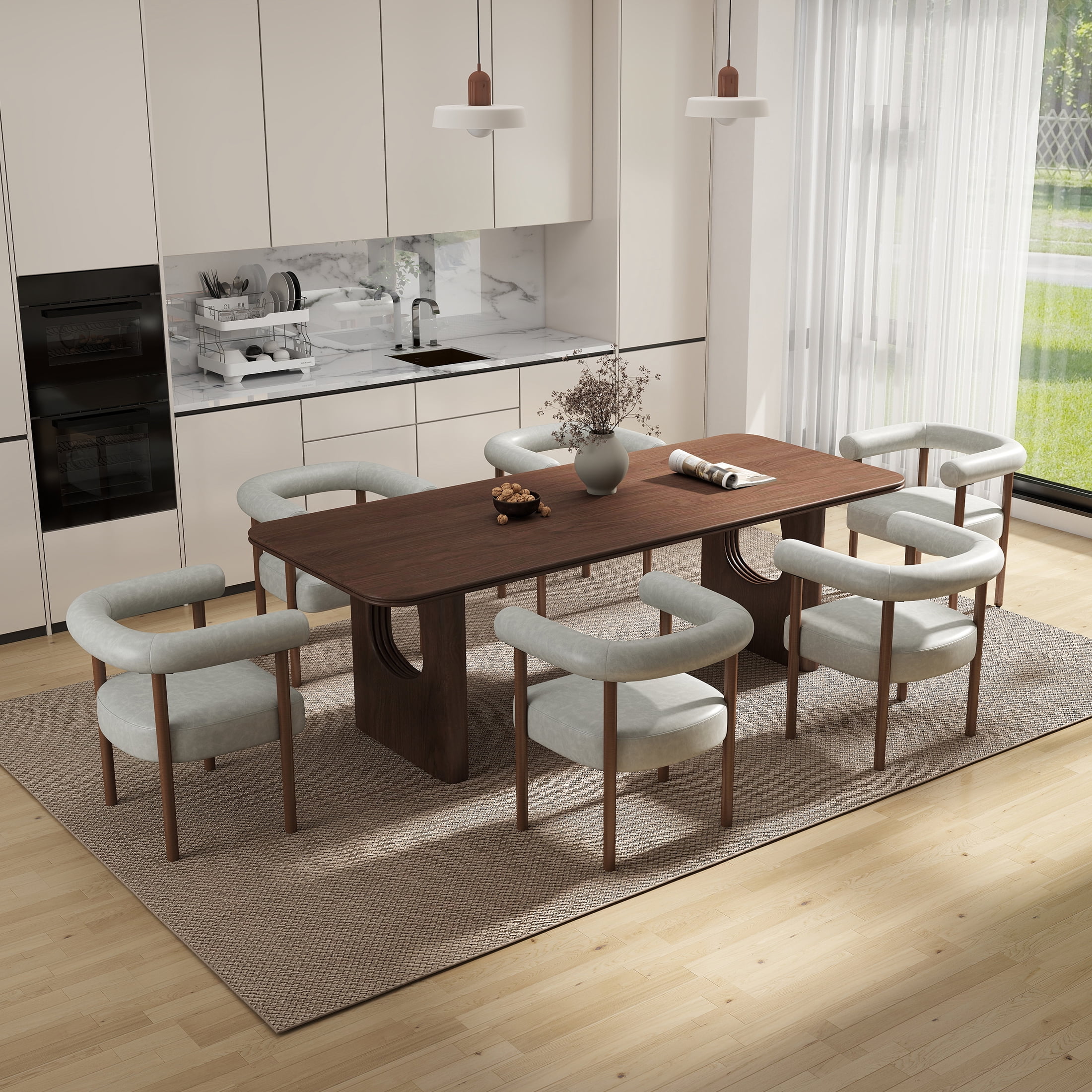 Guyou Modern Barrel Dining Chairs Set of 2, Mid-Century Farmhouse Kitchen Chairs with Curved Back, Wooden PU Upholstered Dining Side Chairs for Dining Room Living Room Kitchen, Light Grey