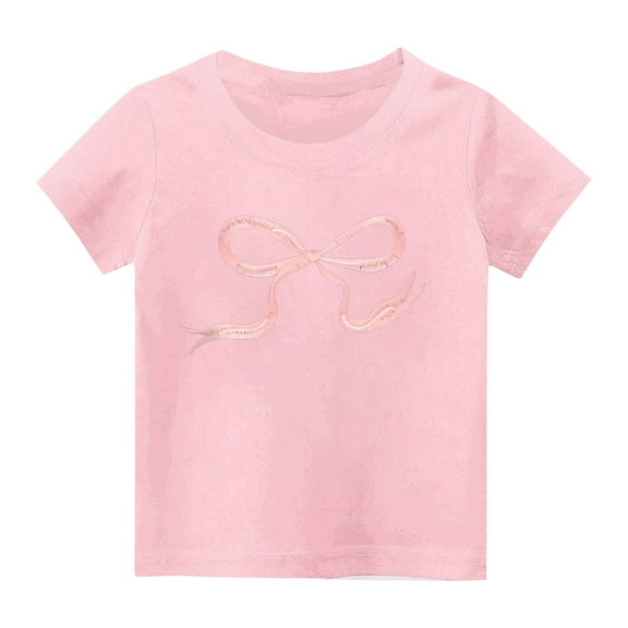 SGFCWSX Girls Crew Neck Short Sleeve T-Shirt, Kids Soft Cotton Bow Graphic Print Tees Casual Everyday Outfit Pink Size 7-8 Years