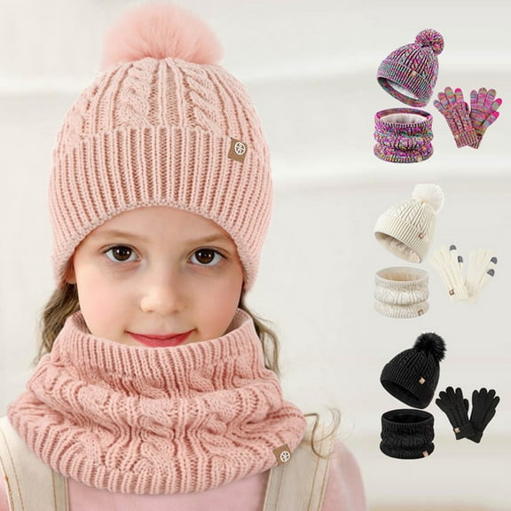 dianhelloya Warm hat 3Pcs/Set Kids Hat Gloves Neck Warmer Knitted Thickened Outdoor Windproof 5-12 Years Winter Children Pompom Beanie Scarf Full Finger Gloves Kit Beige
