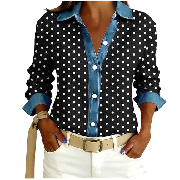 Button Down Shirt for Women Classic Polka Dot Print Collared Long Sleeve Blouse Relaxed Fit Casual Office Workwear Fashion Top