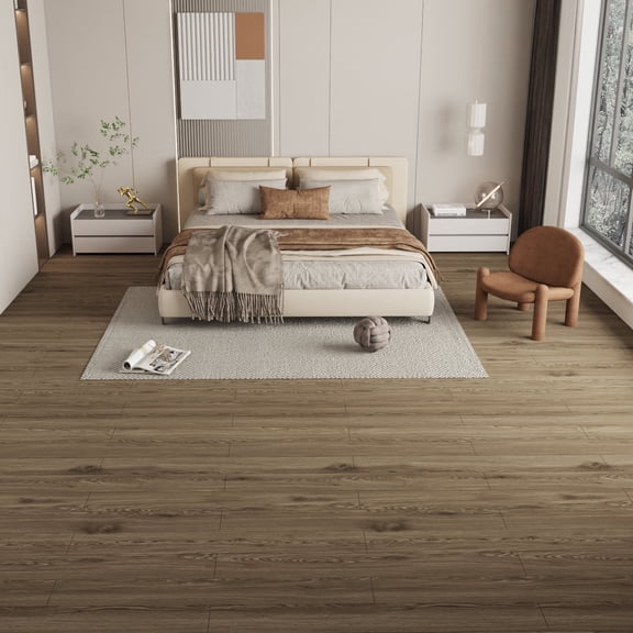 Vinyl Flooring Roll PVC Thickened Peel and Stick Floor Wood Plank Self Adhesive Flooring DIY 23.6" X 118" Brown