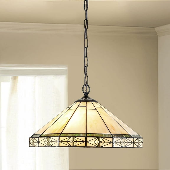 Tiffany Pendant Light 2 Light 16" Wide Antique Mission Style Stained Glass Hanging Lamp for Dining Room Kitchen Island