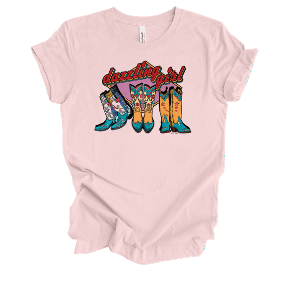 Dazzling Girl Boots Colorfully Cute Western Trio Shoes  Short Sleeve Ladies Graphic T-Shirt-Soft Pink-medium