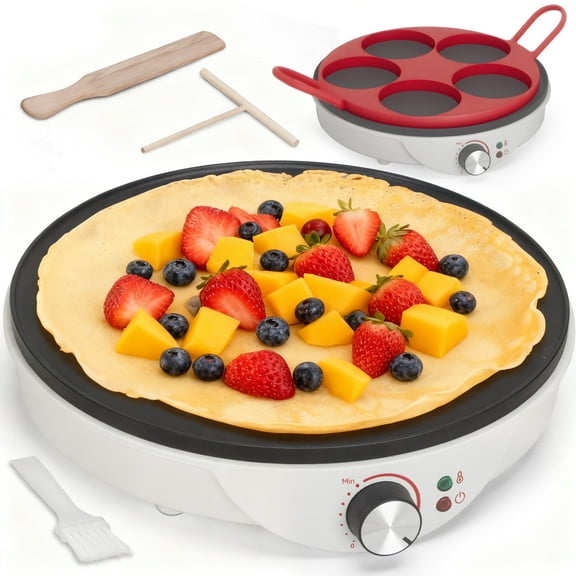 Mailand 12-inch Crepe Maker Electric, Pancake Maker with 5 X 4" Silicone Molds, Batter Spreader & Spatula Included, 1000W, White