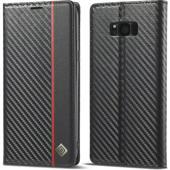 Wallet Case for Samsung Galaxy S8, Carbon Fiber Premium PU Leather Flip Case with Card Holder Magnetic Closure Protective Cover for Samsung Galaxy S8, Vertical Red Line
