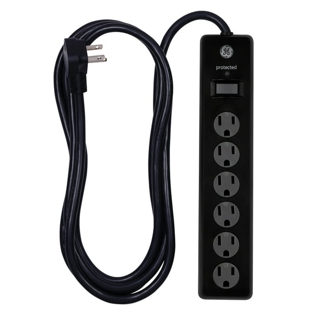 GE 6-Outlet Surge Protector, 10 Ft Extension Cord, Power Strip, 600 Joules,  Twist-to-Close Safety Covers, UL Listed, Black, 37442 