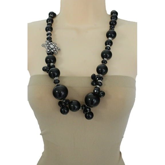 Women Silver Metal Flower Charm Long Fashion Jewelry Necklace Black Beads Bling