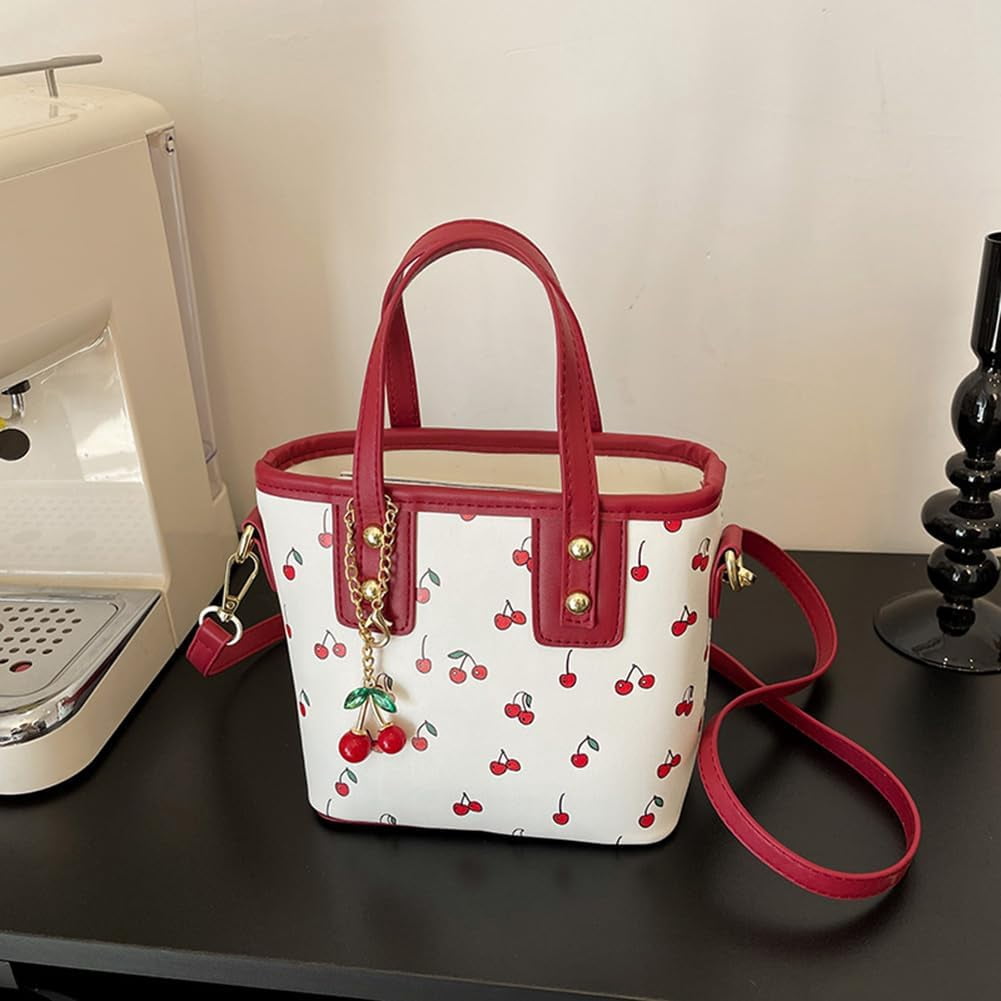 Crossbody Bags for Women, Small Cherry Print Shoulder Bag Cute Leather Tote Bag,Cherry Red Purse with Shoulder Strap