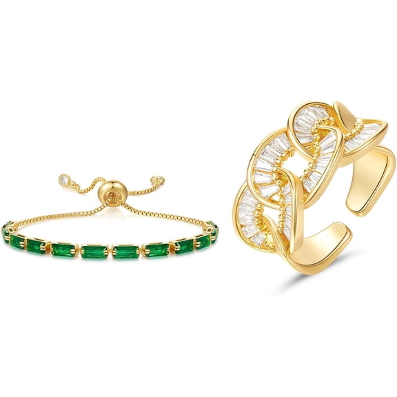Tennis Bracelet Green-Gold with Gold Baguette Ring