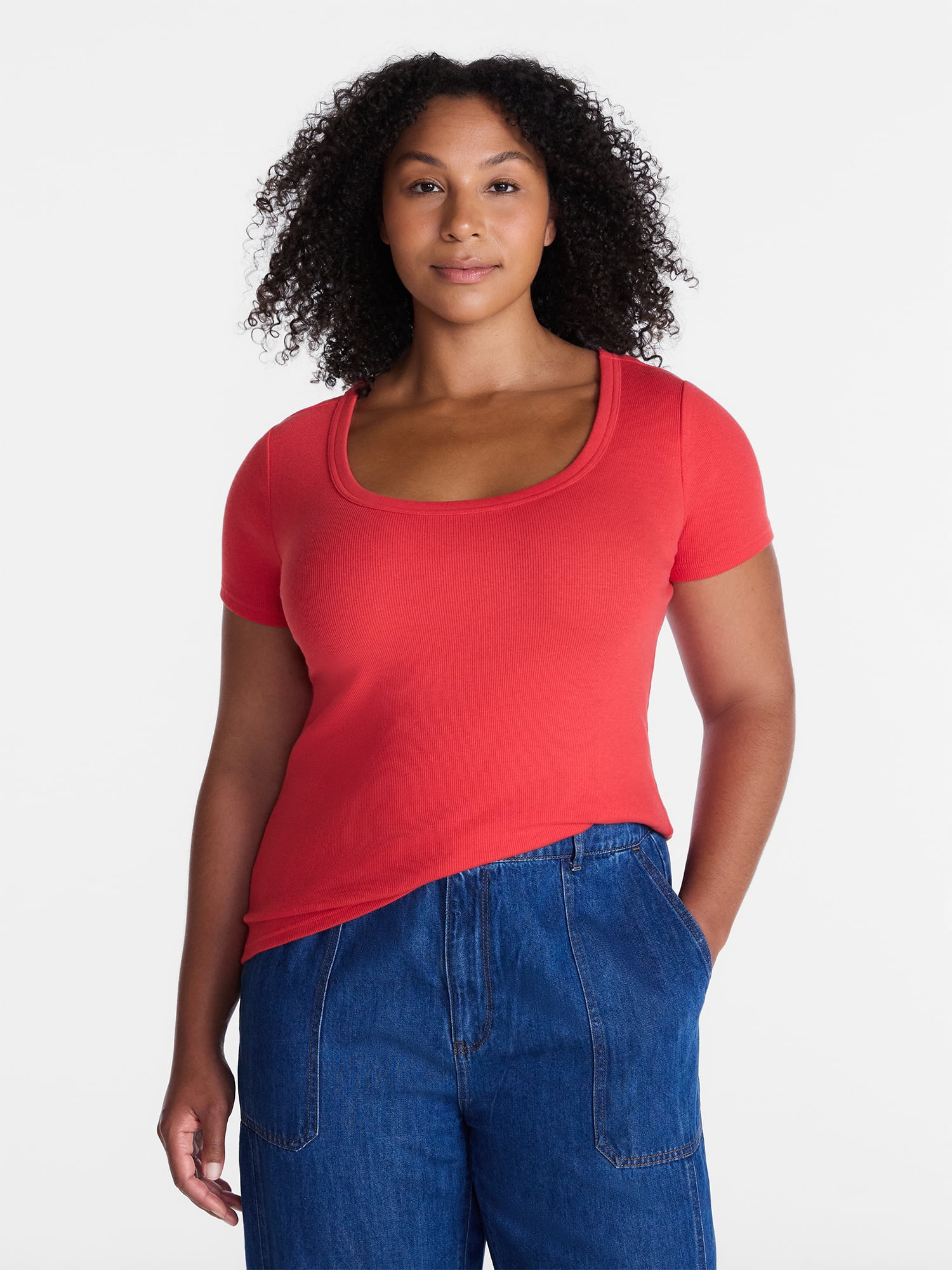 Time and Tru Women's Ribbed Scoop Neck Tee with Short Sleeves, Sizes XS-XXXL