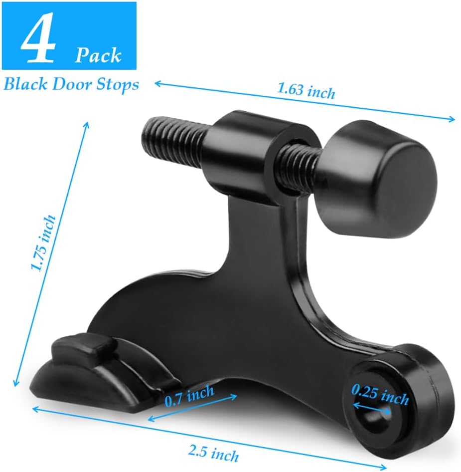 4 Pack Hinge Pin Door Stopper Heavy Duty Metal Adjustable Door Stops with Rubber Bumper Tips (Black)