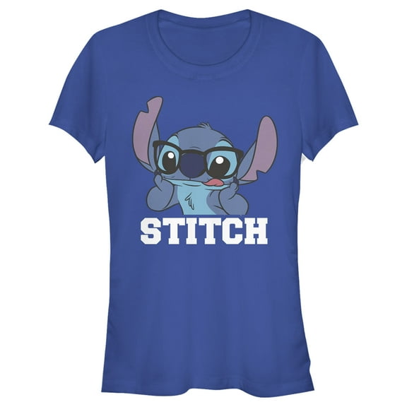 Junior's Lilo & Stitch With Silly Black Glasses, Reading Time  Graphic Tee Royal Blue Large