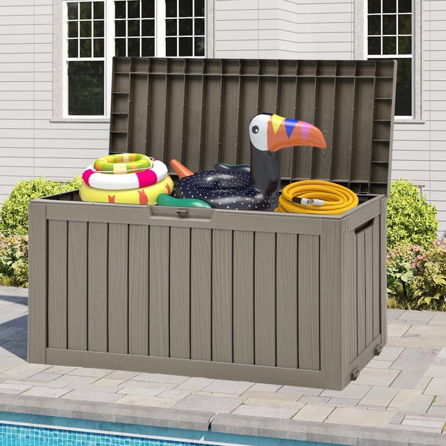 DEXTRUS Coffre de Terrasse Extérieur en Résine de 72 Gallons avec Poignées Latérales et Roues, Rangement pour Meubles de Patio Étanche et Verrouillable, Brun Pâle