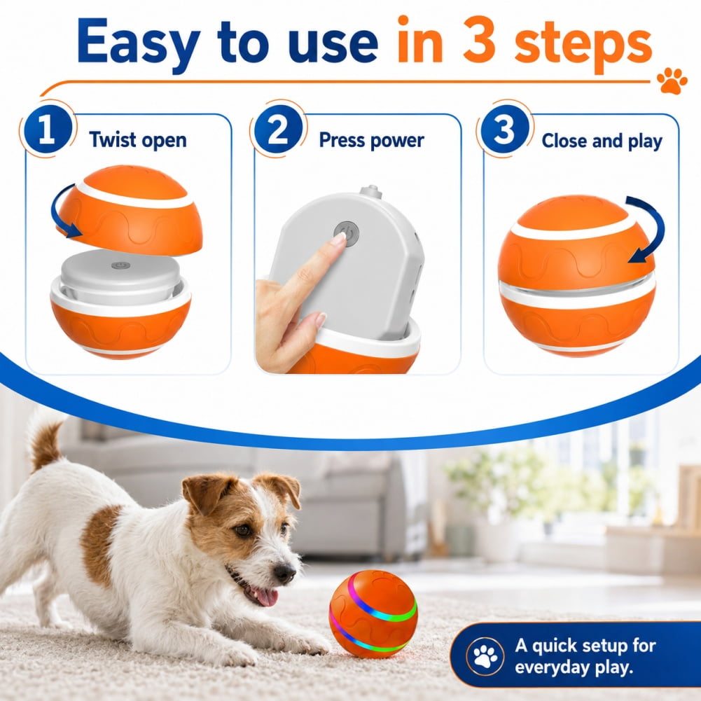 Bork Ball Disco For Dogs,Interactive Motion-Activated Moving & Bouncing Ball,Rotating Dog Toy With Glow-In-The-Dark Design For Puppies, Indoor & Outdoor Play
