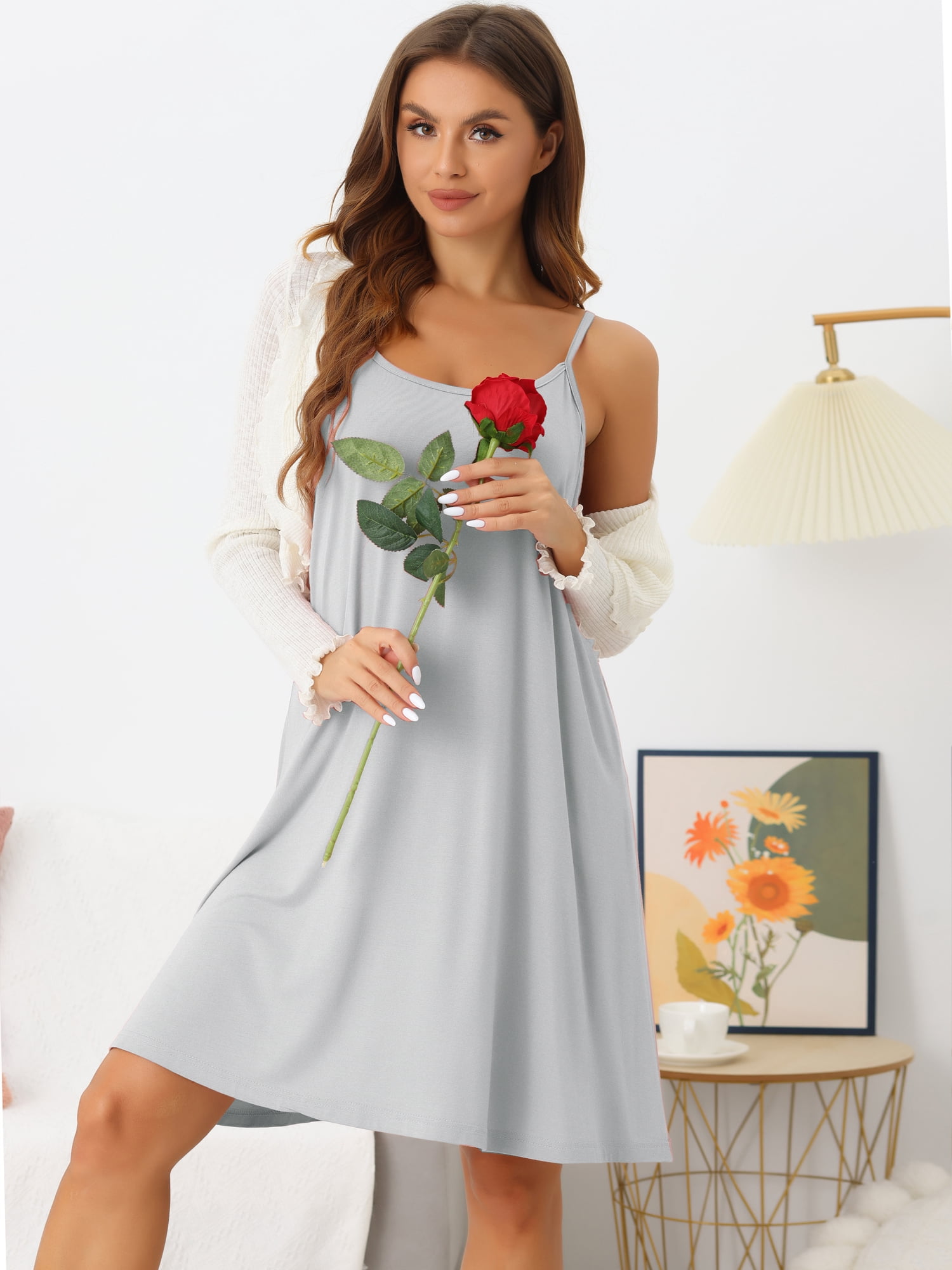DARING DIVA Women's Sleeveless Spaghetti Strap Cross Back Nightwear 3XL Gray