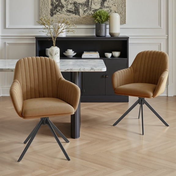Dining Chairs Set of 2, Brown Velvet Swivel Chairs with Black Metal Legs, 360 Degree Rotating Accent Chairs for Kitchen and Living Room