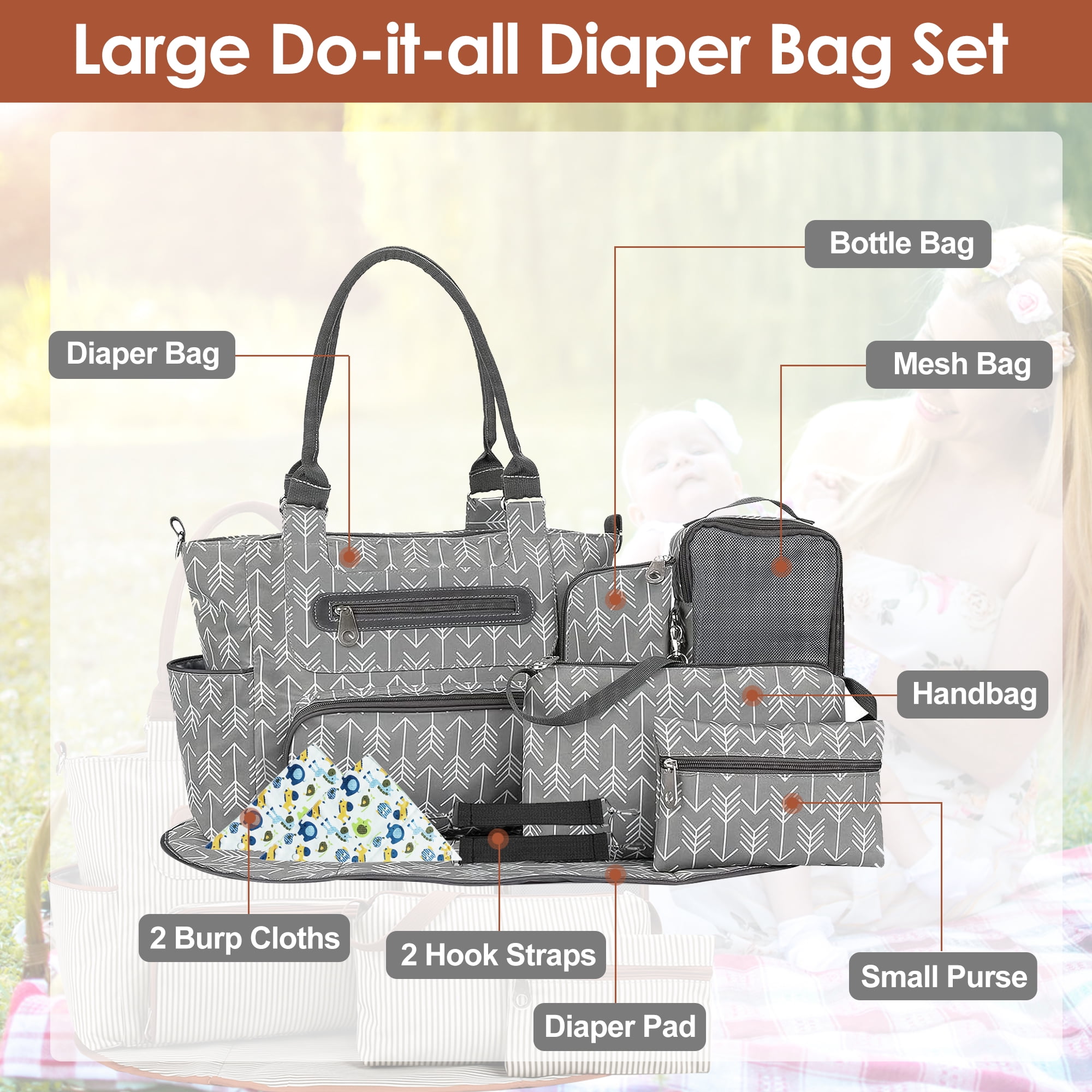 iMounTEK 8PCS Diaper Bag Tote Set, Baby Bags for Mom, Dark Grey