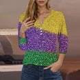thumbnail image 2 of Moxiu Women's Mardi Gras Shirts New Orleans Carnival Theme Shirts 3/4 Sleeve Henley Buttons V Neck Blouse Tshirt Parade Costume Tops 2025 Yellow,L, 2 of 5