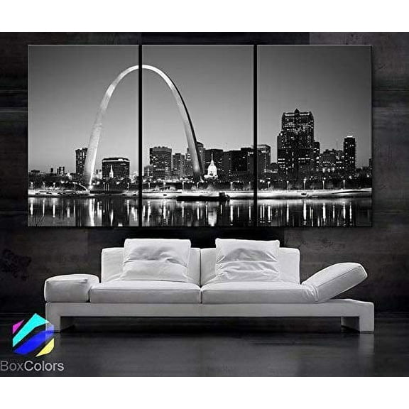 BoxColors - Large 30"x 60" 3 Panels 30"x20" Ea Art Canvas Print Beautiful St Luis Skyline Black & White Wall Home (Included Framed 1.5" Depth)