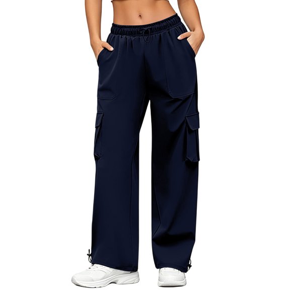 Hurxie Women Cargo Pants Casual Baggy Wide Leg Elastic Waist Jogger Trousers with Pockets Navy,M
