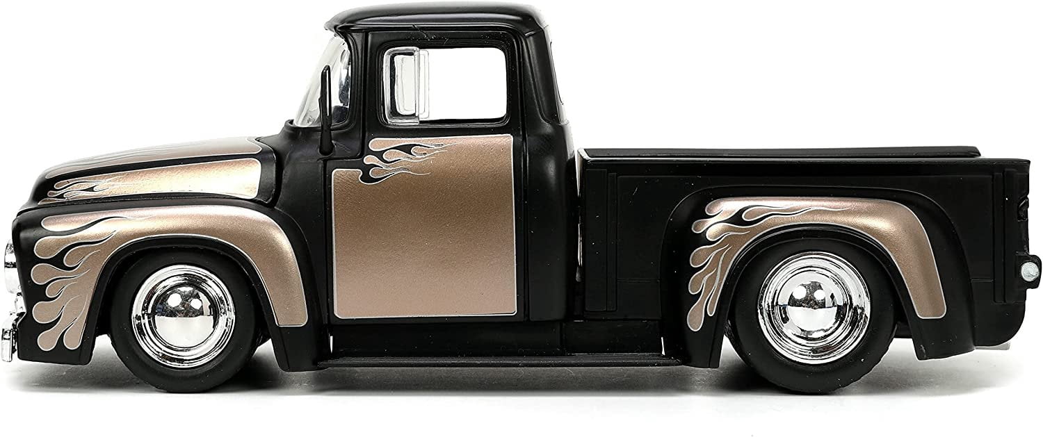 1956 Ford F-100 Pickup Truck Matt Black and Champagne with Flames with Extra Wheels "Just Trucks" Series 1/24 Diecast Model Car by Jada