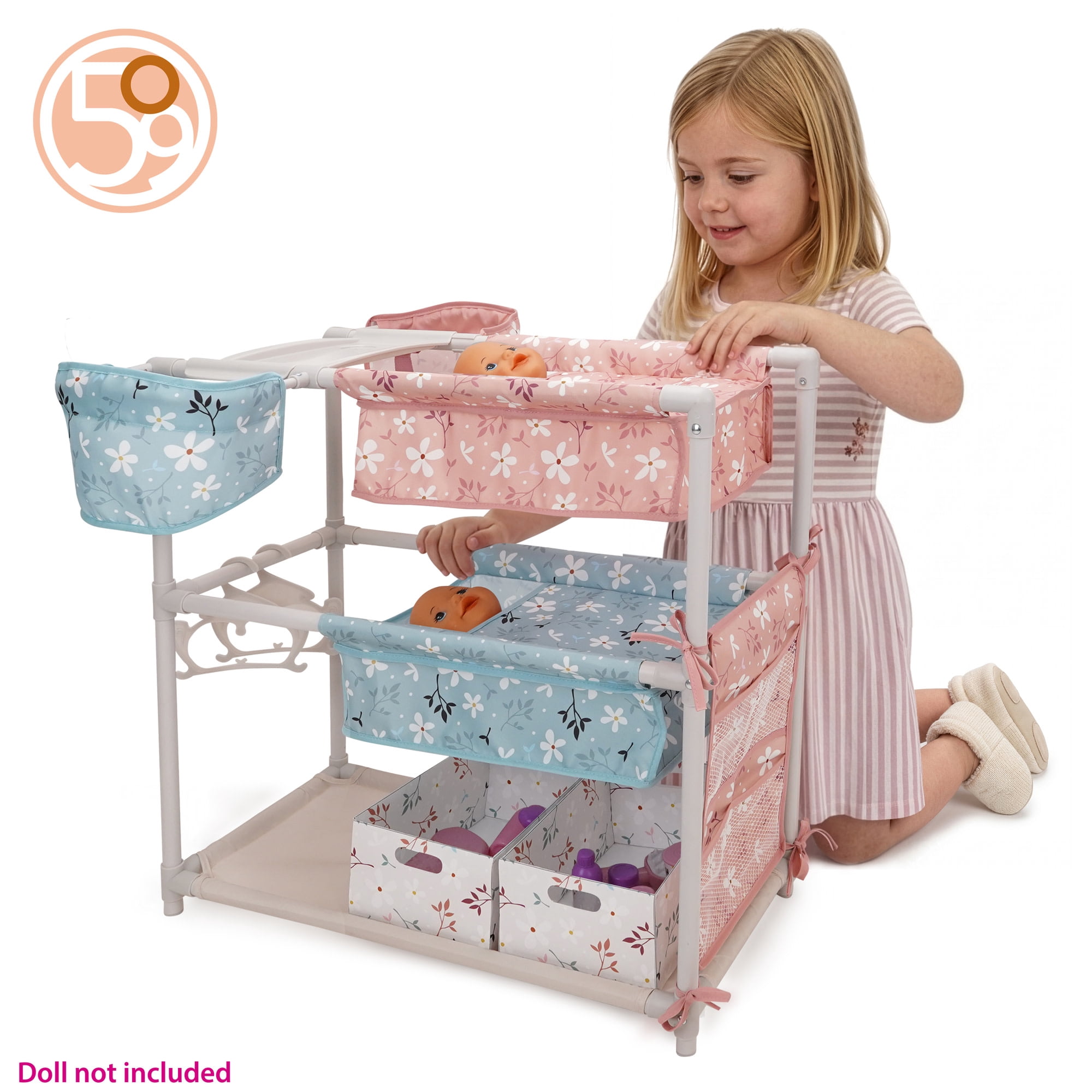 509 Crew: Springtime - Twin Center & Accessories Set - Pink-Blue-Flowers, Bunk Bed Highchair Station, 15 Feeding-Grooming Accessory Toys, Kids 3+