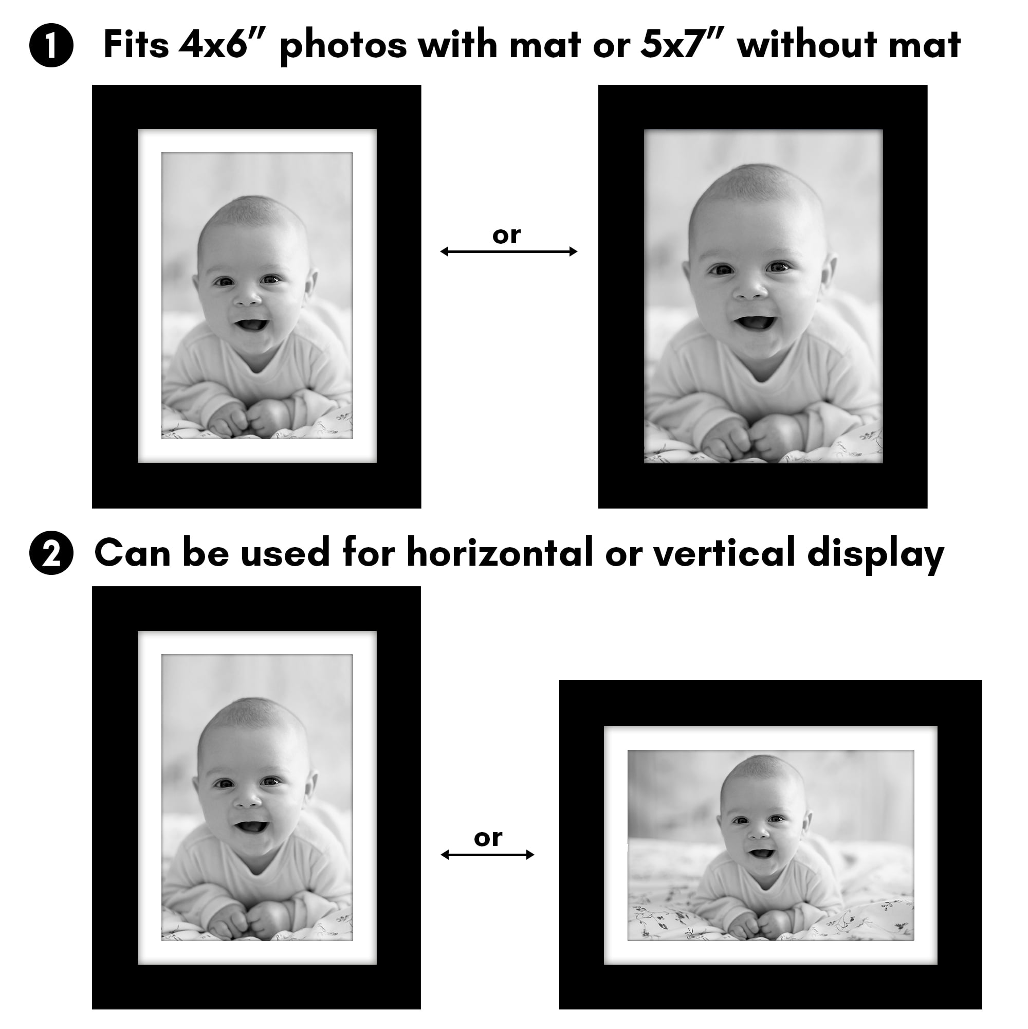 Americanflat 5x7 Picture Frame with Polished Plexiglass with 4x6 Mat 2 Pack Display Photo Galleria - Black
