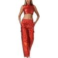 thumbnail image 2 of Karymi Women's Clothing 2 Piece Shiny Stage Set, Mock Neck Sleeveless Crop Tank Top & Elastic Waist Cargo Pocket Wide Leg Long Pants Cute Tops for Women, 2 of 6