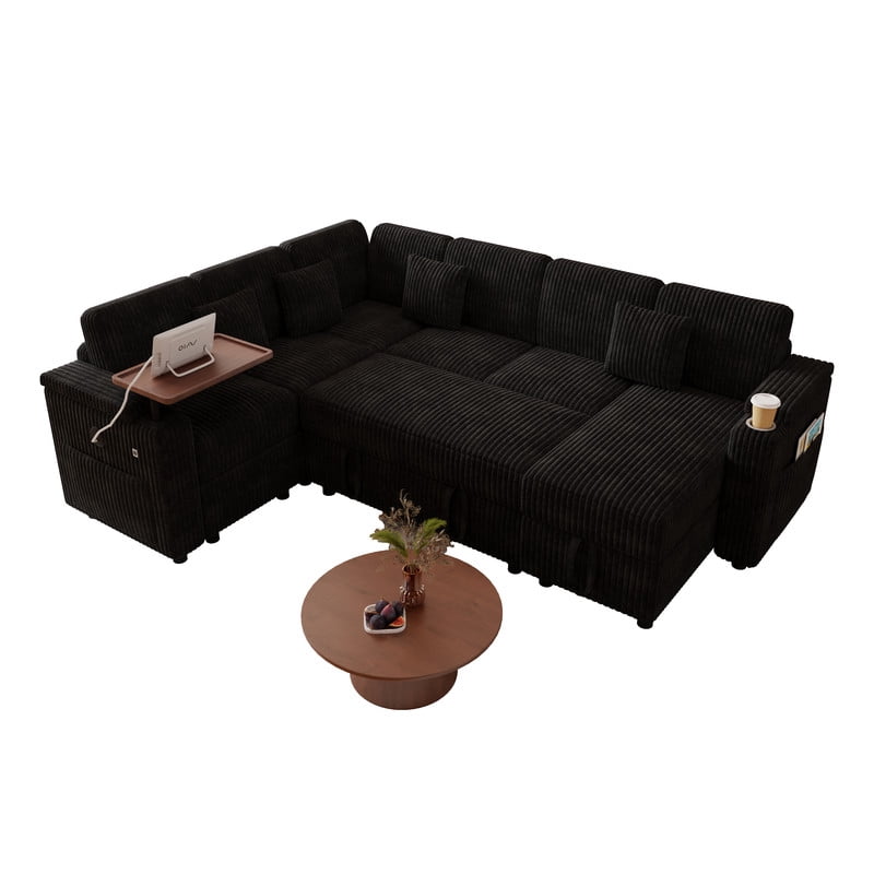 100"W L-Shaped Pull-Out Sofa Bed with USB Ports,Table Board,Cup Holder & Storage,7-Seat Corduroy Modular Sectional Sofa,Convertible Sleeper,Black