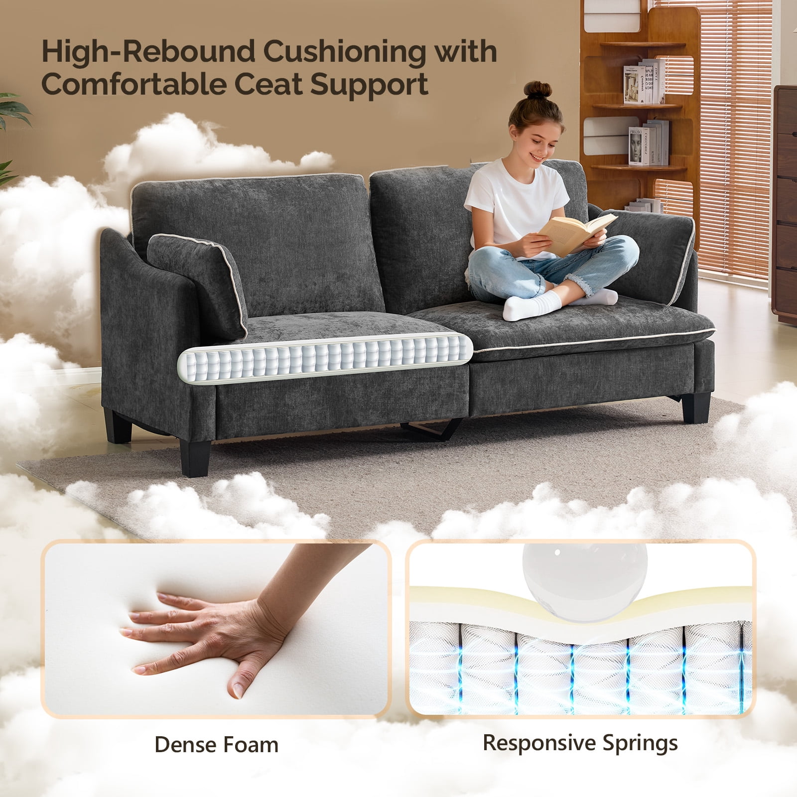 Ktaxon 84" Sofa, Linen Fabric Deep Seat Couch with Lumbar Pillows, Oversized Loveseat for Small Spaces, Living Room Black
