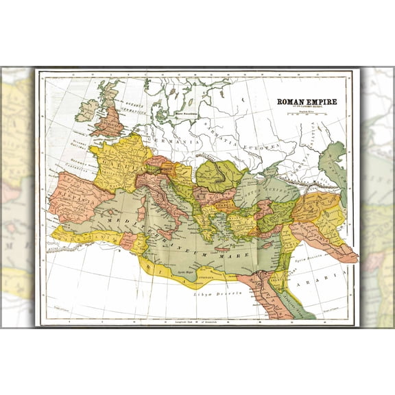 24"x36" Gallery Poster, map of the Roman Empire at its largest extent, with provinces, in 150 AD