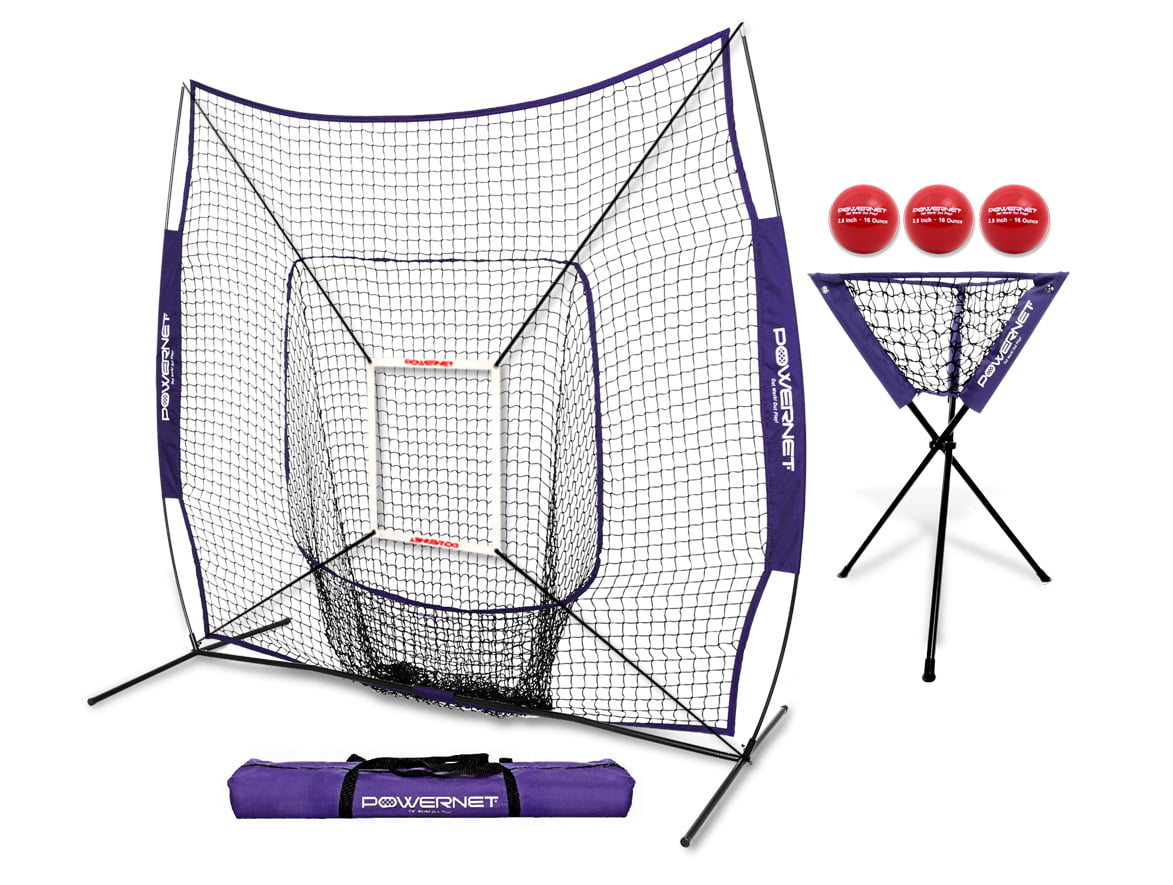 Ball Caddy PowerNet DLX Baseball Softball 7x7 Practice Net Bundle w/Strike Zone 