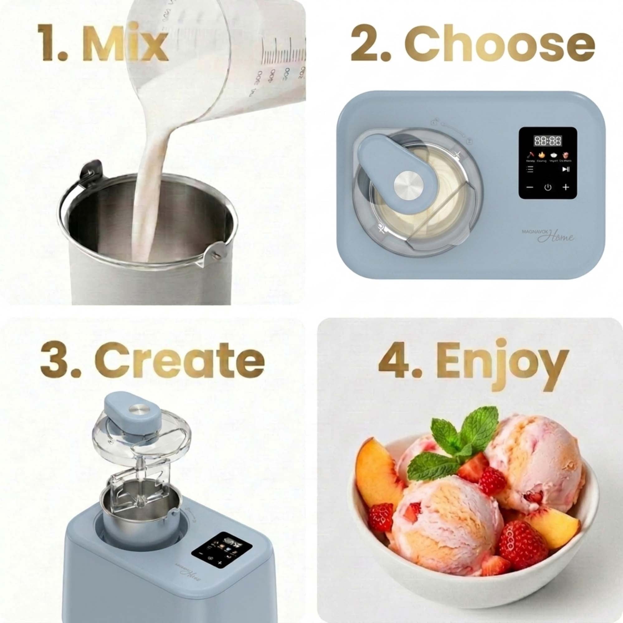 Magnavox 1.3 qt. Electric Ice Cream Maker with Built-in Compressor and Touchscreen Controls, Blue