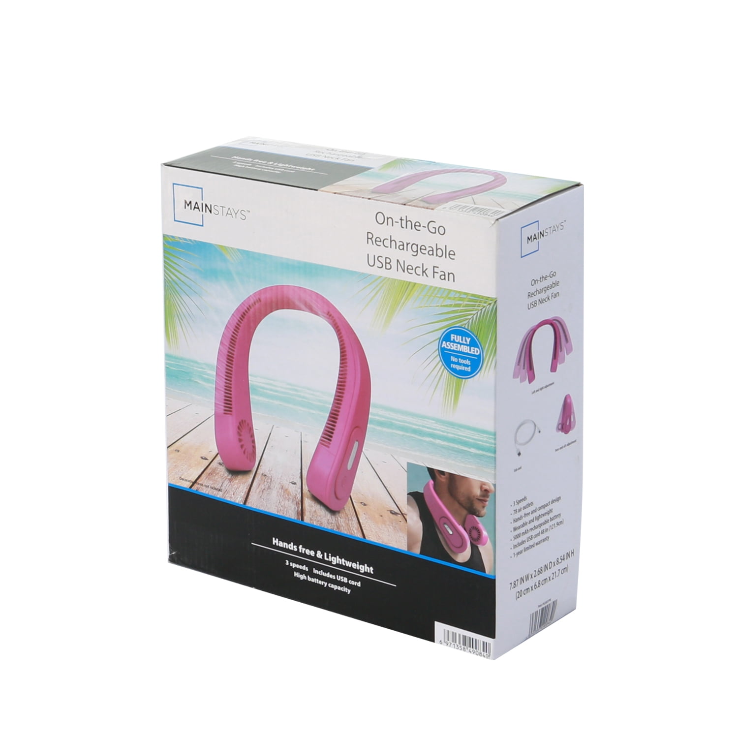 Mainstays Portable Rechargeable Neck Fan, Outdoor, Pink