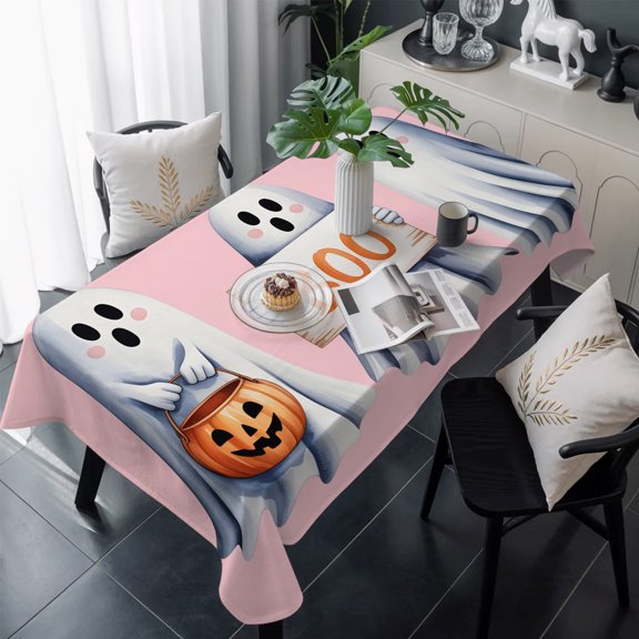 Pink Halloween Table Cloth Waterproof Tablecloths, Cute Ghost Modern Art Tablecloth Dining Table Cover for Kitchen Party Tabletop Outdoor, Rectangle Tablecloth 60x120 Inch