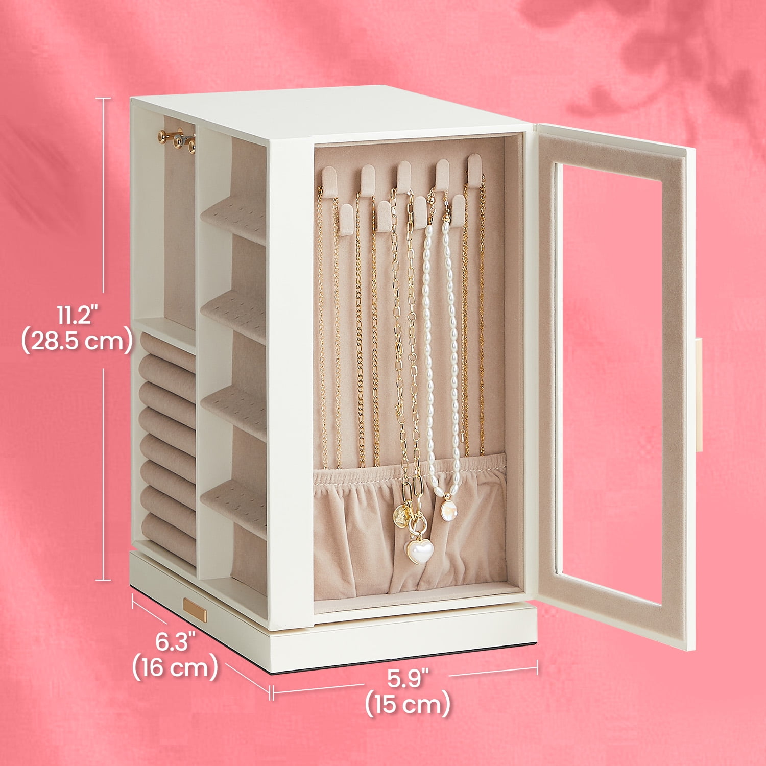360° Rotating Jewelry Box with Glass Window, 5 Drawers Jewelry Storage Case Accessory Organizer, Gift, Cloud White