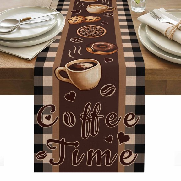Vintage Coffee Time Table Runner - 72 Inch Long, Kitchen Dining Table Runner Dresser Scarves, Farmhouse Desserts Black White Plaid Farmhouse Decor for Coffee Tables Wedding Party Banquet