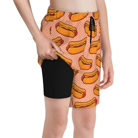 Cauagu Cartoon Hot Dog Print Swim Trunks for Men Youth Boys Swim Shorts Compression Liner Beach Shorts Boys Swimming Shorts 7-20 Years Bathing Suit-Small