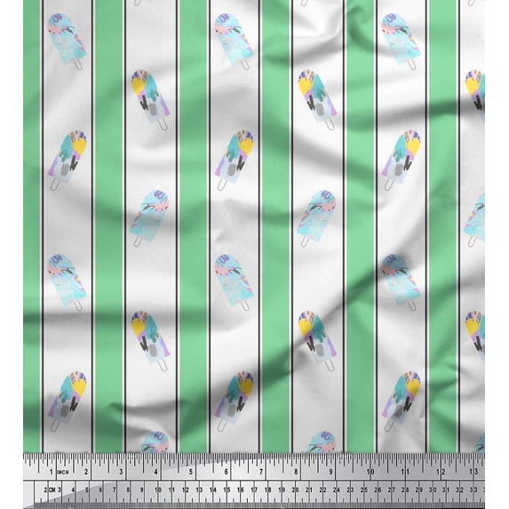 Soimoi Green Rayon Fabric Ice Cream Pops & Stripe Decor Fabric Printed Yard 56 Inch Wide
