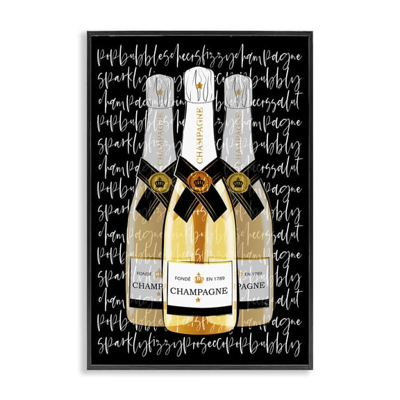 Stupell Industries Contemporary Triple Champagne Bottle Love Black Framed Giclee Art, 12 x 18, by Martina Pavlova