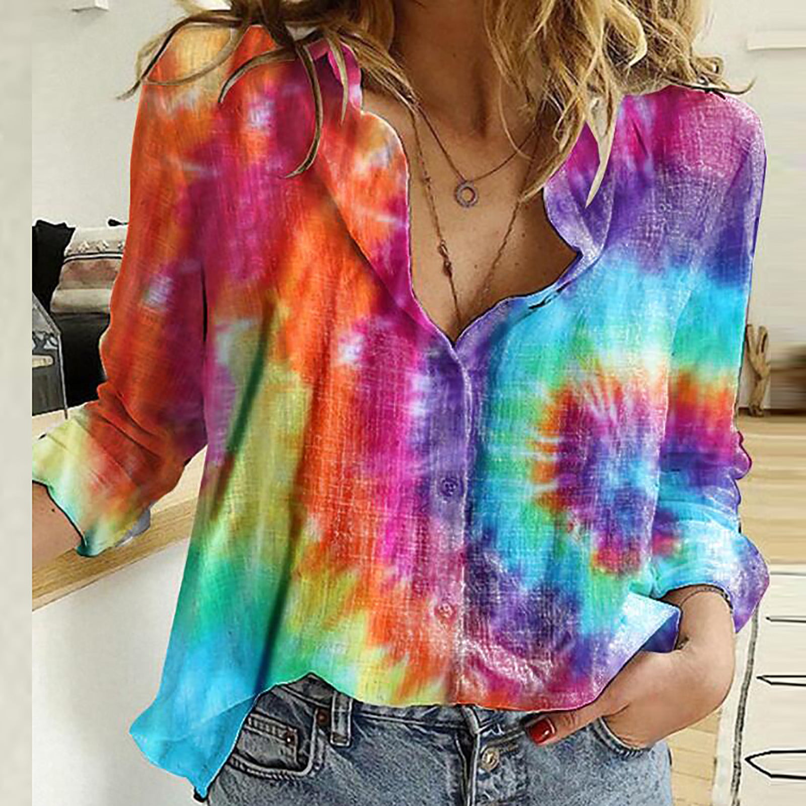 Meikosks Womens Tie Dyeing T Shirt Plus Size Tops Long Sleeve V-Neck Blouses Casual Loose Tunic 