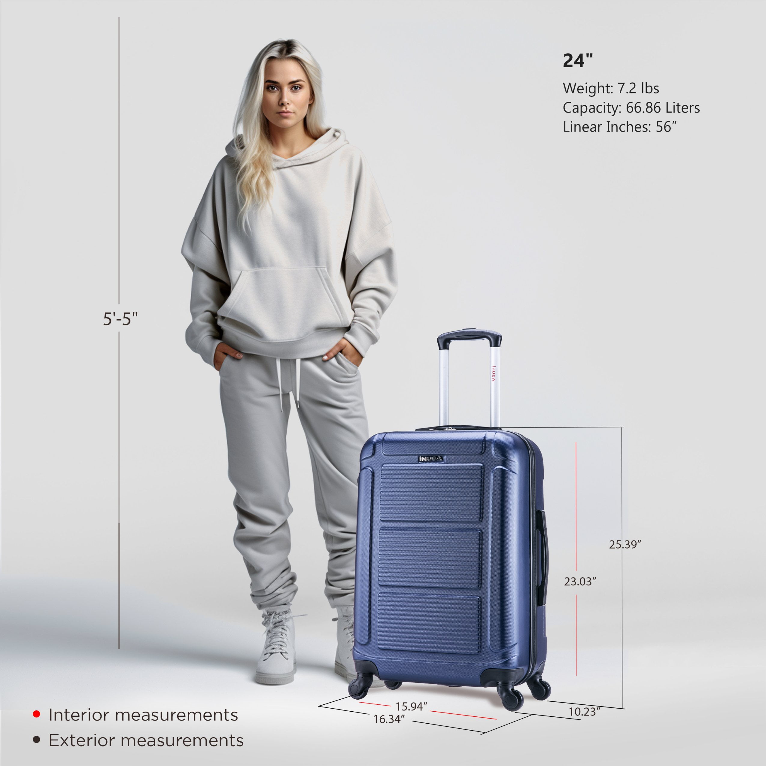 InUSA Pilot 24" Hardside Lightweight Luggage with Spinner Wheels, Handle, and Trolley, Blue