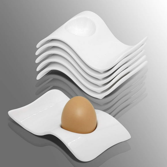Egg Cups Set of 4, Ceramic Egg Holder+ Boiled Egg Cutter, White Egg Cup Decor for Breakfast and Brunch